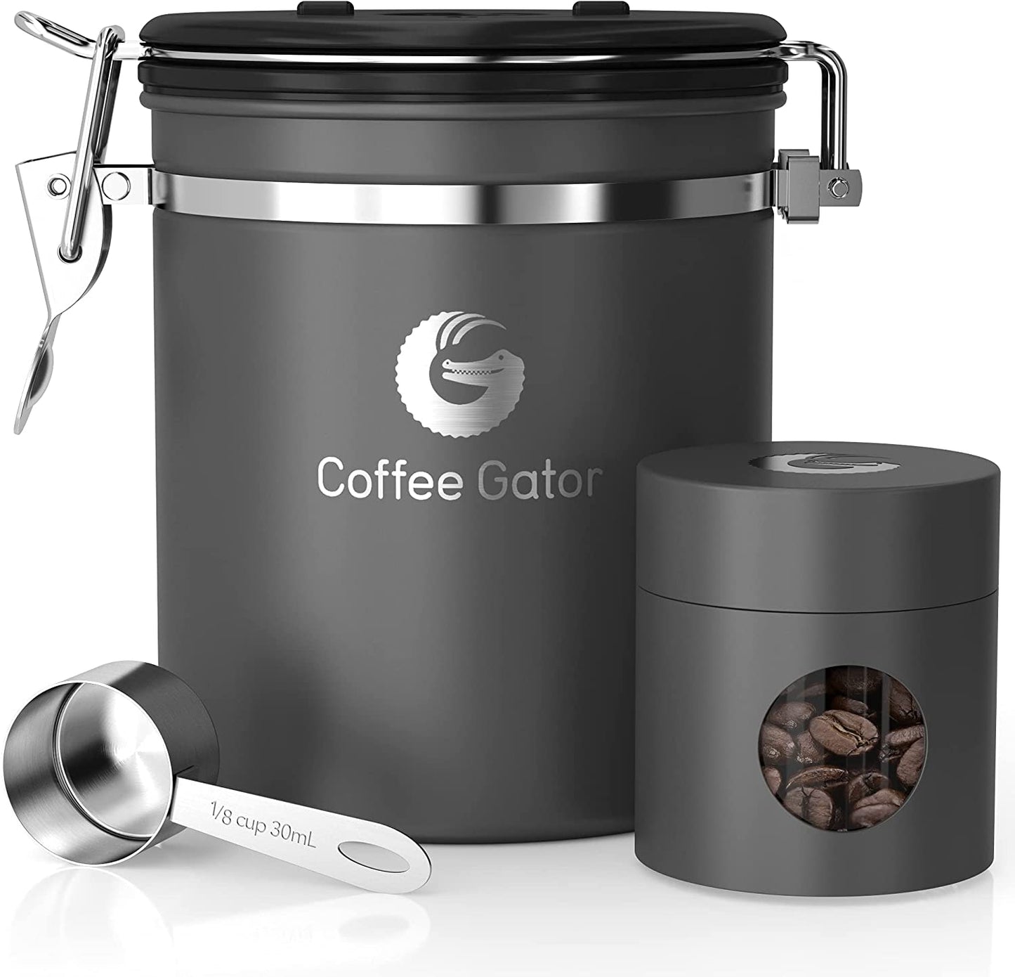 Coffee Gator Coffee Canister Airtight, 16Oz Stainless Steel and 4Oz Borosilicate Glass Travel Kitchen Food Storage Container with Date Tracker, Scoop for Beans, Ground, Sugar, Tea, Cookies Jars