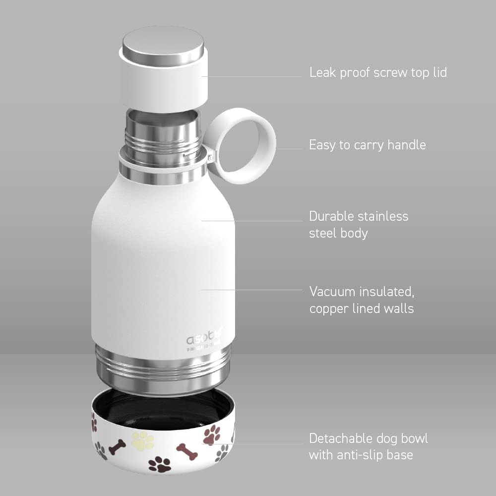 Buddy Bottle a Stainless Steel Insulated Water Bottle for with Removable Dog Water Bowl and Dog Food and Treat Storage Bowl (White, 37 Oz Water Bottle with Bowl)