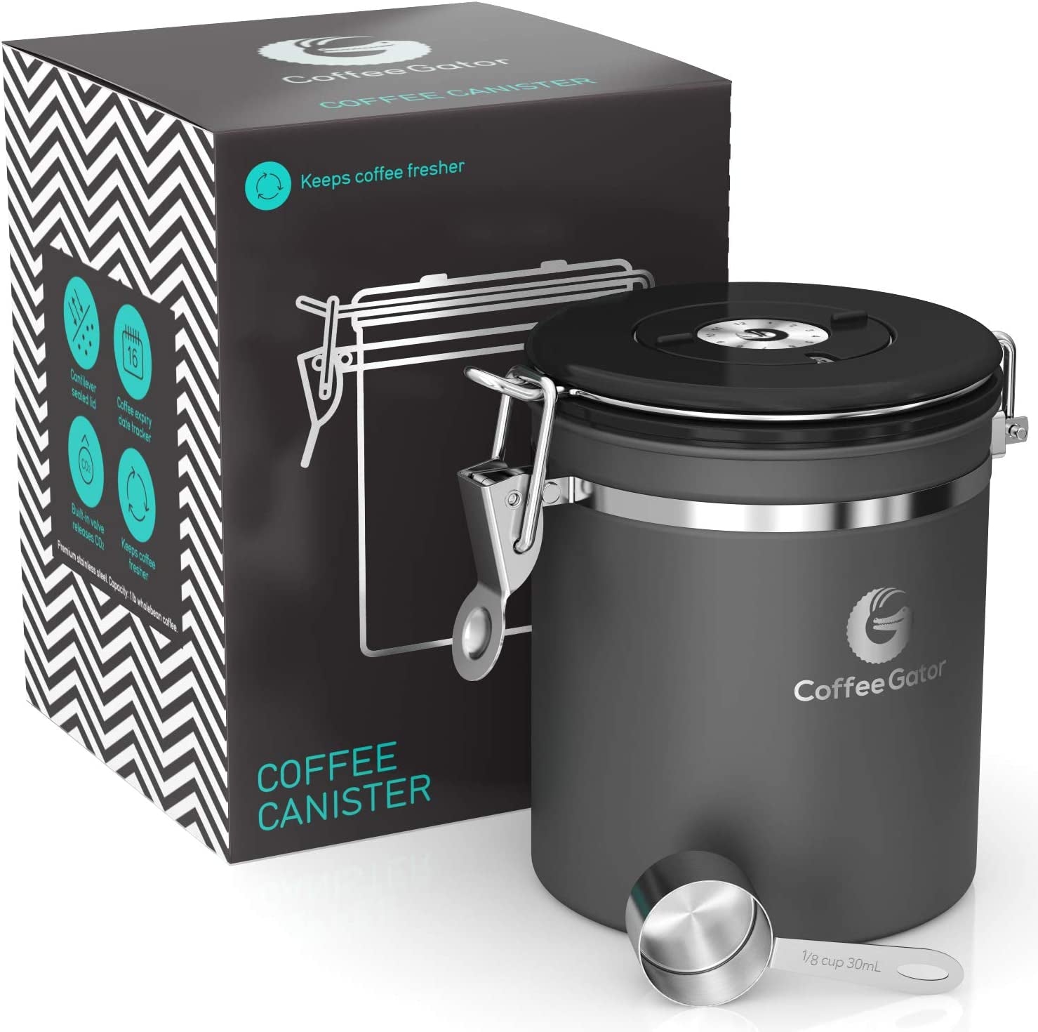 Coffee Gator Coffee Canister Airtight, 16Oz Stainless Steel and 4Oz Borosilicate Glass Travel Kitchen Food Storage Container with Date Tracker, Scoop for Beans, Ground, Sugar, Tea, Cookies Jars