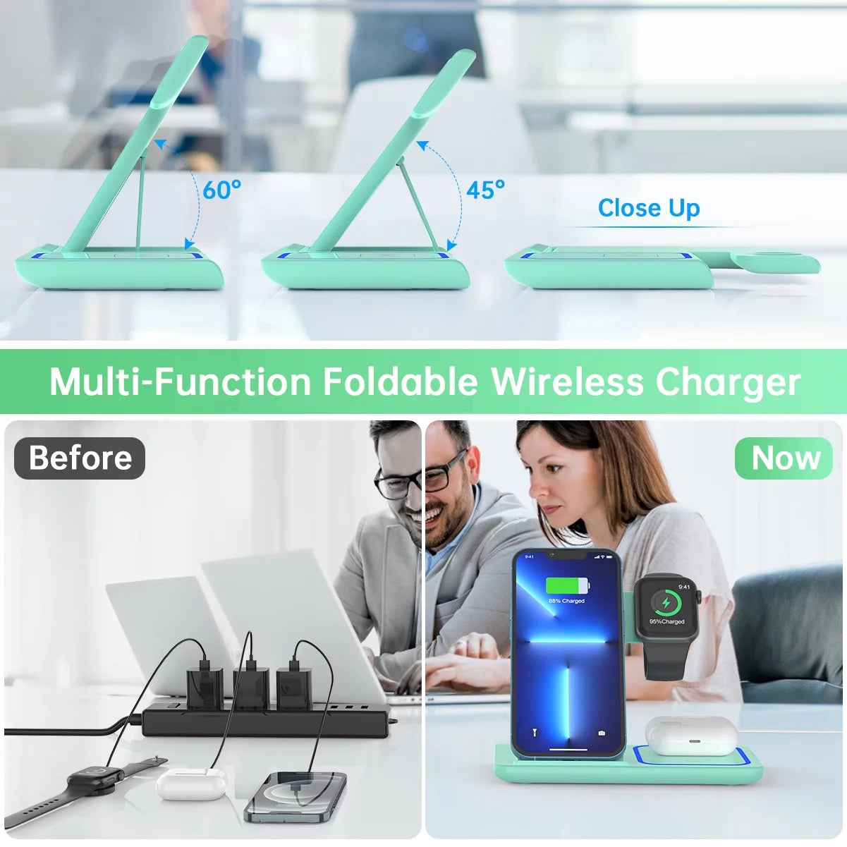 Wireless Charger, 18W 3 in 1 Wireless Charging Station for Iphone 17 16E 15 14 13 12 Pro, Fast Charger Stand for Iwatch SE 9-11 6-8 2-5, Airpods 4/3/2/Pro, Samsung Galaxy Seires (Green)