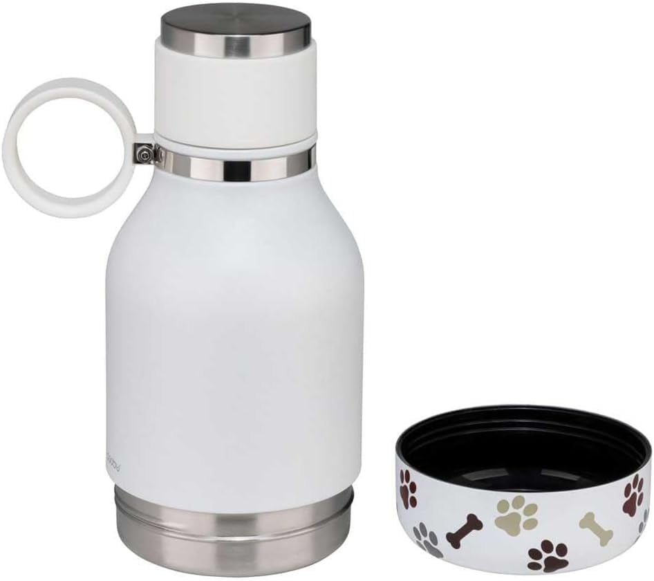 Buddy Bottle a Stainless Steel Insulated Water Bottle for with Removable Dog Water Bowl and Dog Food and Treat Storage Bowl (White, 37 Oz Water Bottle with Bowl)