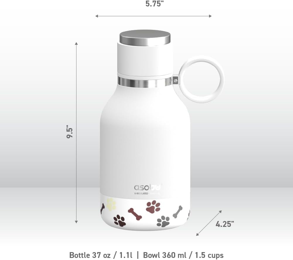 Buddy Bottle a Stainless Steel Insulated Water Bottle for with Removable Dog Water Bowl and Dog Food and Treat Storage Bowl (White, 37 Oz Water Bottle with Bowl)