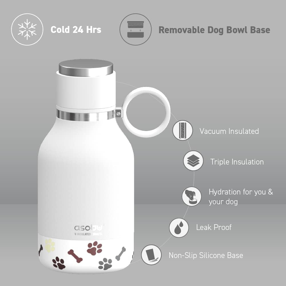 Buddy Bottle a Stainless Steel Insulated Water Bottle for with Removable Dog Water Bowl and Dog Food and Treat Storage Bowl (White, 37 Oz Water Bottle with Bowl)