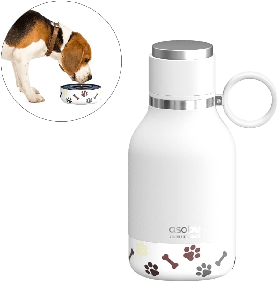 Buddy Bottle a Stainless Steel Insulated Water Bottle for with Removable Dog Water Bowl and Dog Food and Treat Storage Bowl (White, 37 Oz Water Bottle with Bowl)