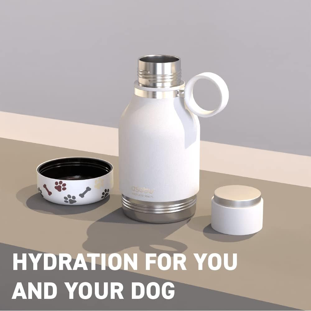 Buddy Bottle a Stainless Steel Insulated Water Bottle for with Removable Dog Water Bowl and Dog Food and Treat Storage Bowl (White, 37 Oz Water Bottle with Bowl)