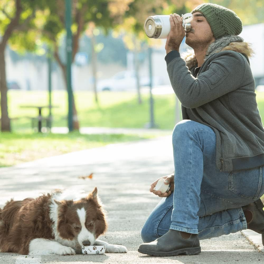 Buddy Bottle a Stainless Steel Insulated Water Bottle for with Removable Dog Water Bowl and Dog Food and Treat Storage Bowl (White, 37 Oz Water Bottle with Bowl)